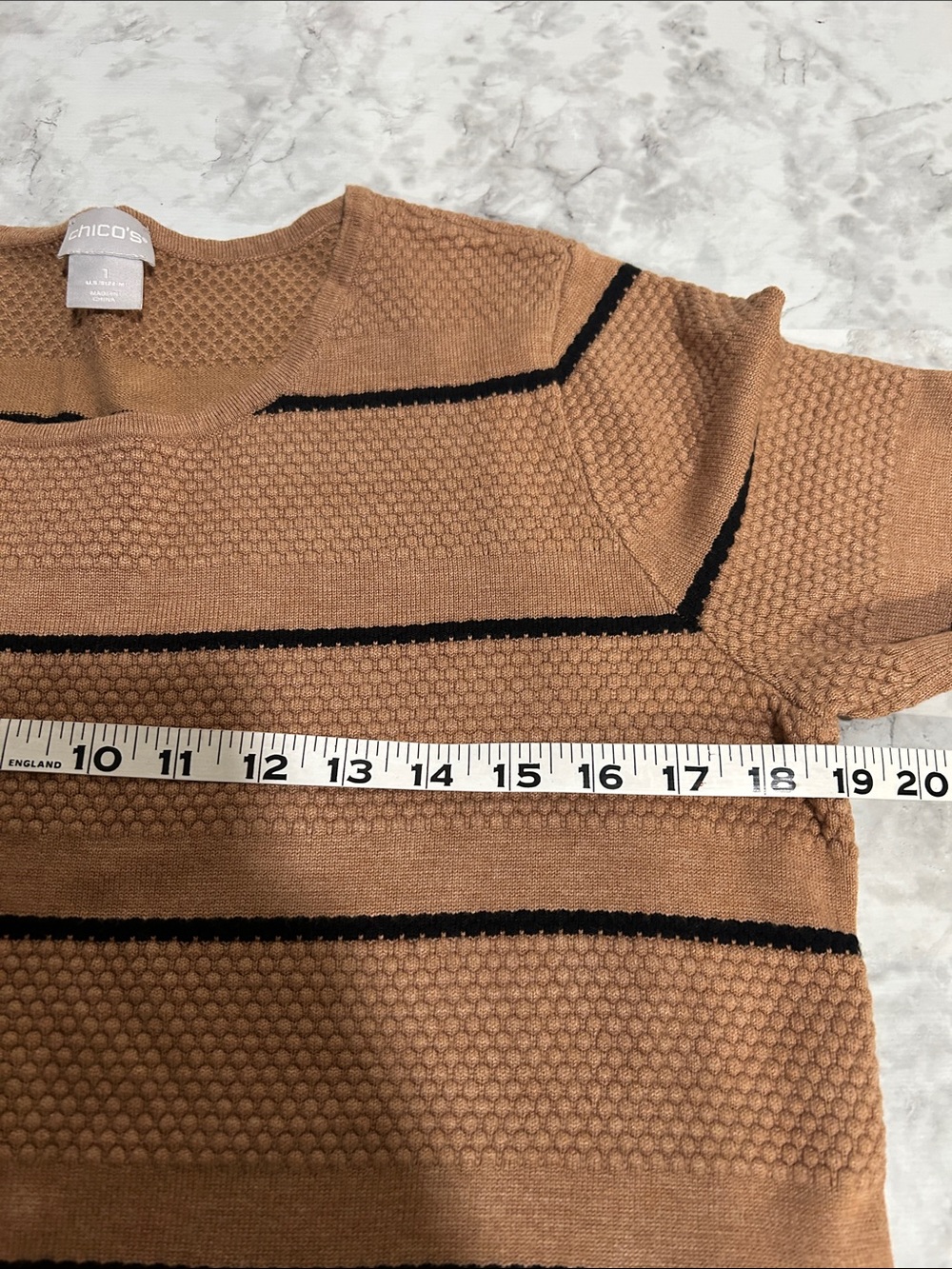 CHICOS Womens Striped Lightweight Crewneck Sweater Tan Black Sz 1 MD - Picture 8 of 9